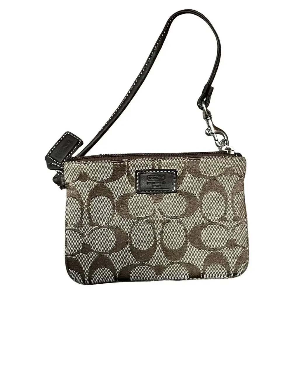 Coach Signature Canvas Monogram Wristlet Pouch with Brown Leather Trim